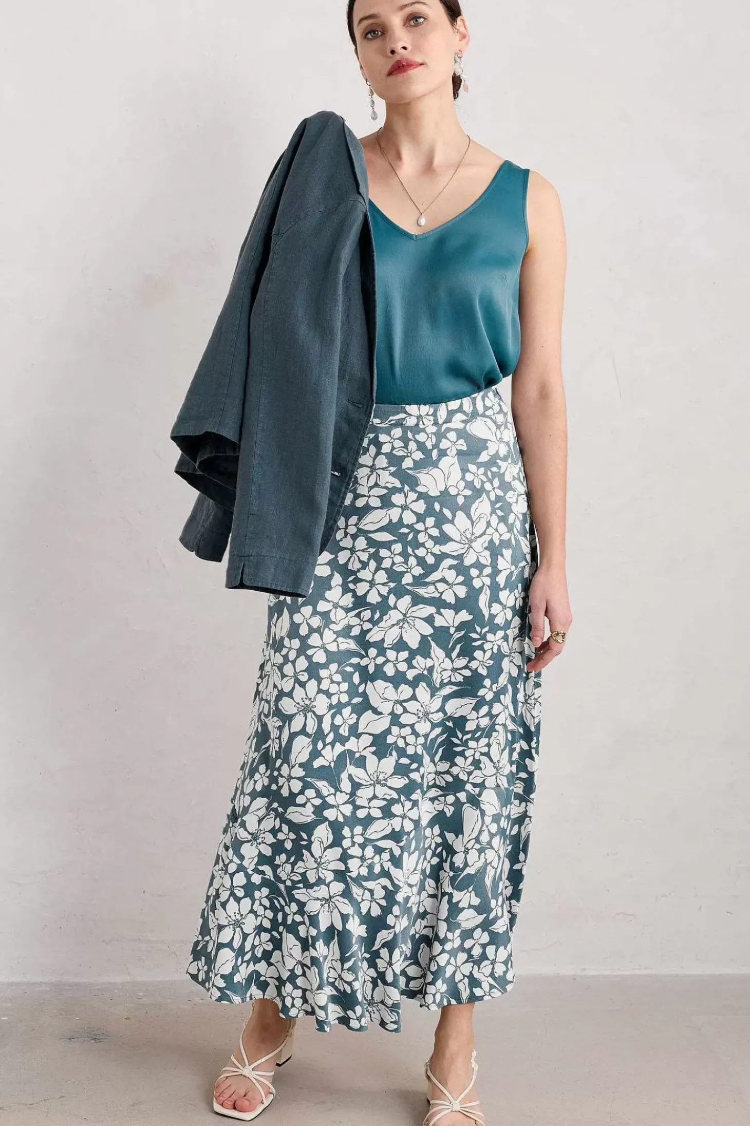 Temple Printed Satin Midi Skirt